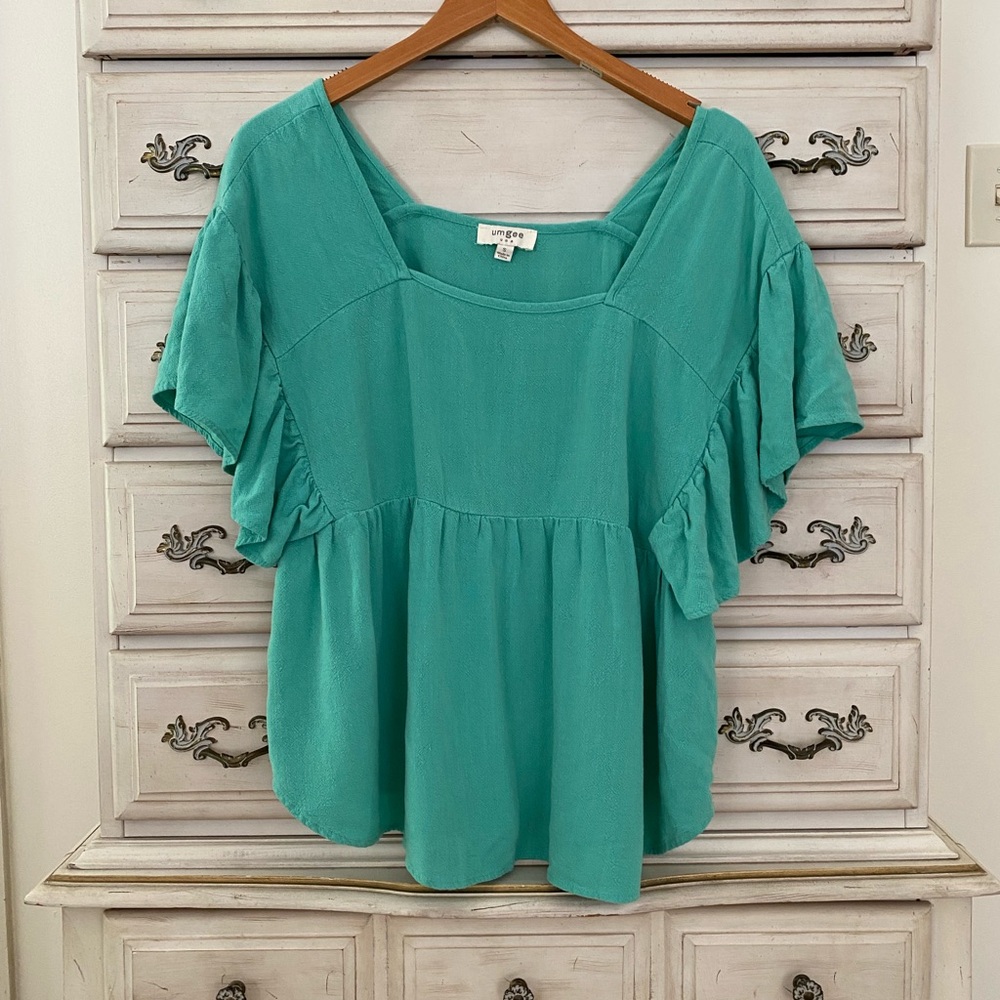 Umgee Teal Ruffle Sleeve Peasant Top